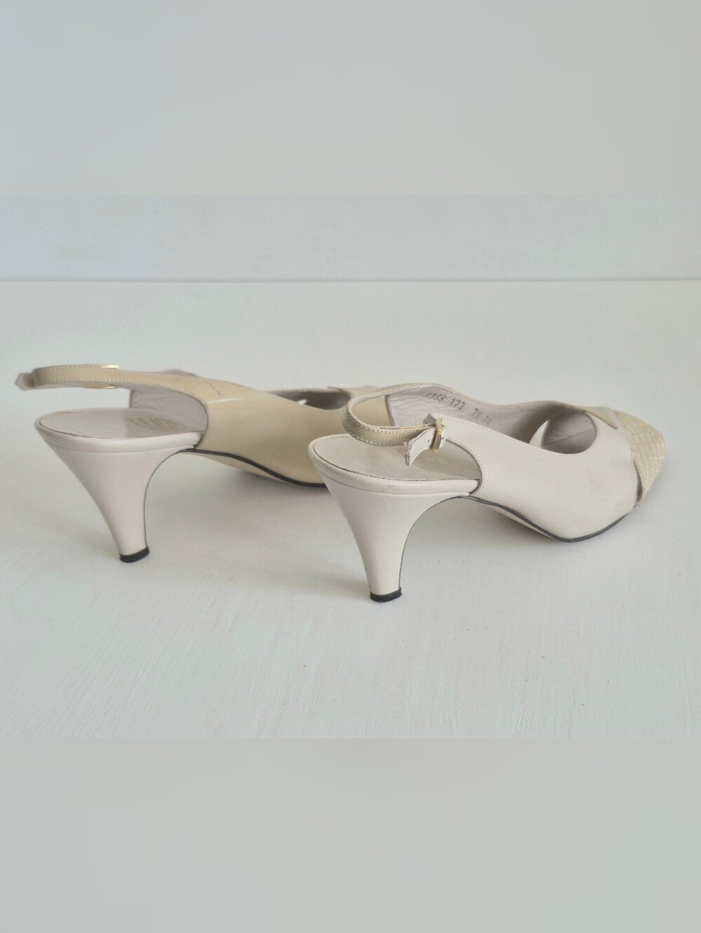 Salvatore Ferragamo Two-Tone Beige & Cream Peep-Toe Slingback Heels - Picture 10 of 12